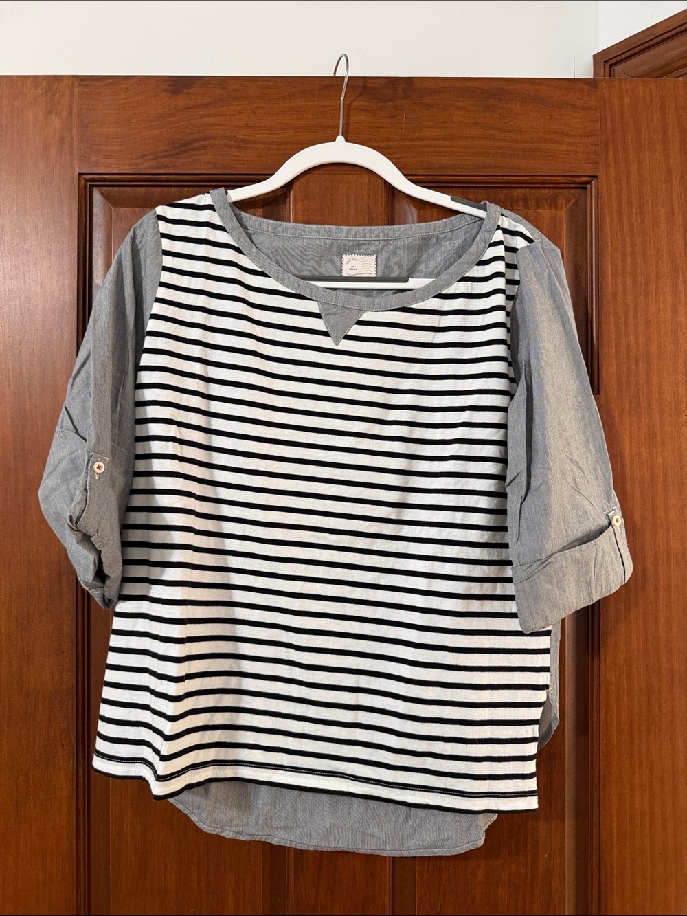 Anthropologie Navy & White Striped Layered Tee with Navy Sleeves and Back
